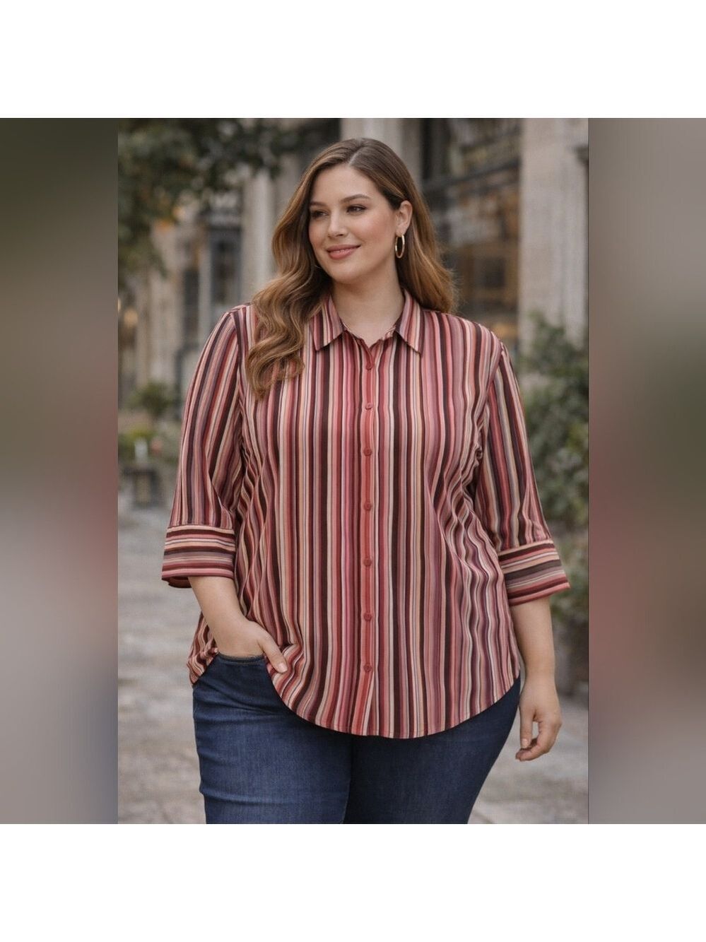 Striped Blouse Womens 1X Button Front Top Business Casual Chic Work